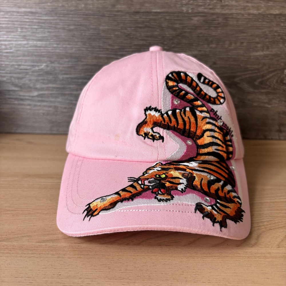 Pink Cookie Hat Cap Snap Back Pink Embroidered Tiger Graphic Art Baseball